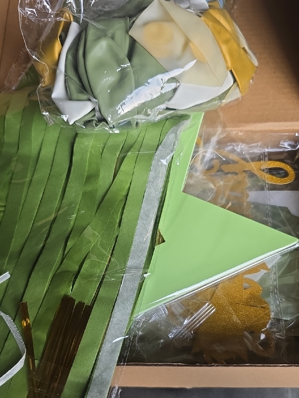 Party Supplies In A Box ,gr., Cream, Gold  Stickers, Banners, Etc.